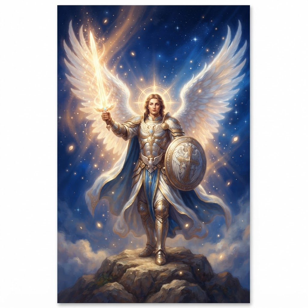 Ilustración del Arcángel Miguel sosteniendo una espada de luz y un escudo, rodeado de luz dorada